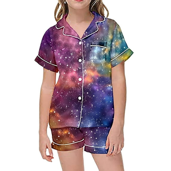 Zhuashum Outfits For Girls 8-9 Years Cartoon Galaxy Graphic Lapel Short Sleeve Set Button Down Leisure Clothes Durable Wear