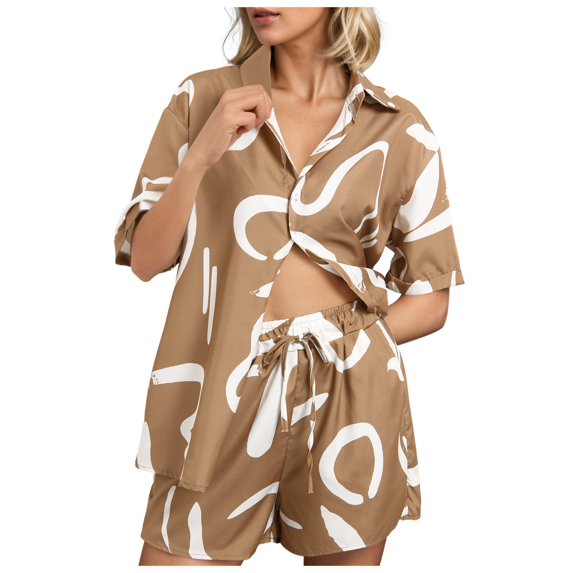 Zhuashum Outfits For Women Round Neck Letter Prints Short Sleeve Classic Clothes Set Summer Fall T Shirt Relax Fit Shorts Holiday Matching Sets Khaki Xl