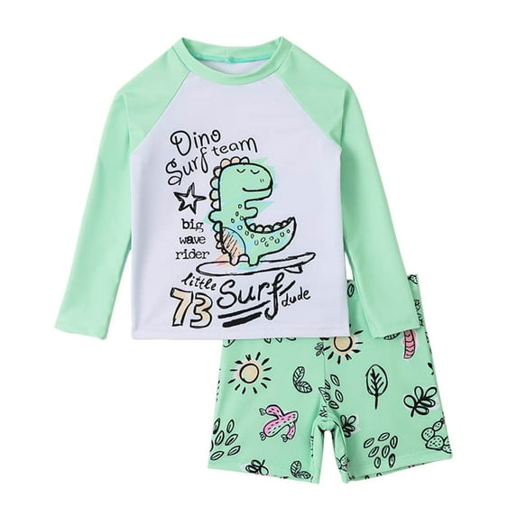 Zhuashum Swimsuit Boy 7-8 Years Two Piece With Dinosaur Pant Letter Print Long Sleeve Quck Dry V Proection Surf Rash Guard Swim Trunks Green