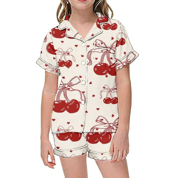 Zhuashum Teen Outfits For Girls 10-11 Years Cartoon Cherry Pattern Clothes Pajamas Round Neck Short Sleeve Set Festival Adorable Playsuit Pink