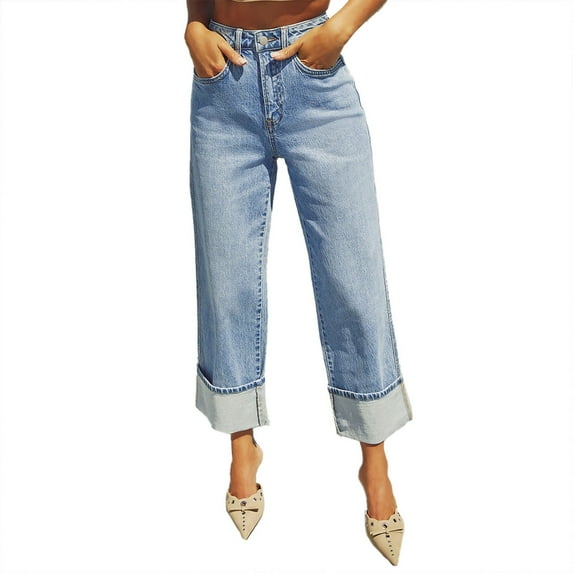 Zhuashum Women's Christmas Pants Wide Straight Leg Jeans Baggy Boyfriends Stretchy Denim Pants High Waist Trendy Fall Trousers Adorable Wear Light Blue M