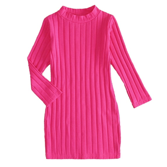 Zhuashum girls Dresses Kids Toddler Baby Round Neck Spring Winter Solid Color Stripe High Long Sleeve Knit Dress Lovely Girl Clothes 6-7 Years