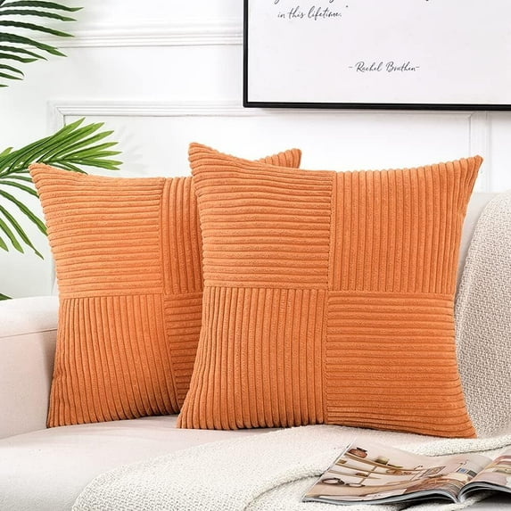 Zhudiyof 2 Packs Orange Fall Decorative Throw Pillow Covers 20" x 20" for Living Room Couch Bed Sofa, Farmhouse Boho Home Decor, Soft Cross Patchwork Corduroy Textured Square Cushion Case