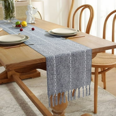 Zhudiyof Rustic Linen Table Runner, Farmhouse Style Table Runner with Hand-Tassels for Party, Dresser Decor and Dining Room Decorations, Blue, 13"×72"