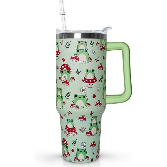 Zhufwei 40 oz Frog Tumbler with Handle, Lid and Straw - Cute Green Kawaii Mushroom Gifts for Women, Decor, Accessories