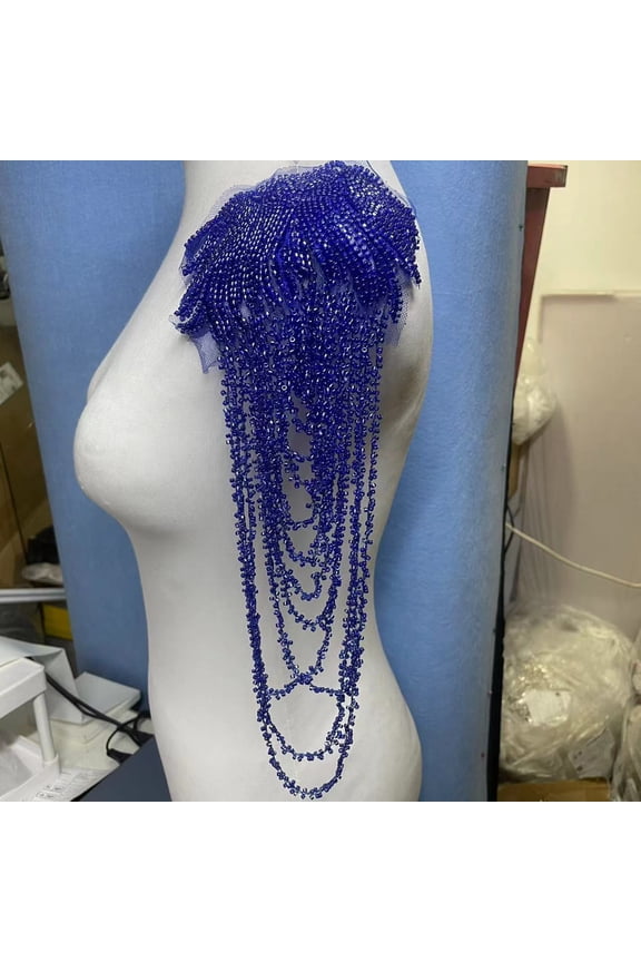 1 Pair Handmade Rhinestone Crystal Appliques, Sparkling Glass Bead Fringe Sew-On Patches for Wedding Dress, Shoulder Epaulettes, Bodice & Party Jacket Embellishments, Dark Blue
