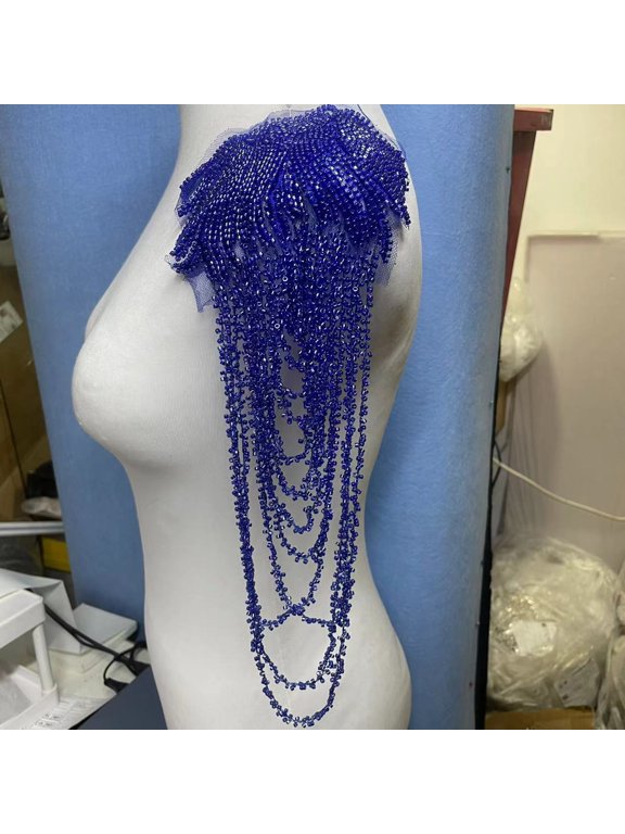 1 Pair Handmade Rhinestone Crystal Appliques, Sparkling Glass Bead Fringe Sew-On Patches for Wedding Dress, Shoulder Epaulettes, Bodice & Party Jacket Embellishments, Dark Blue