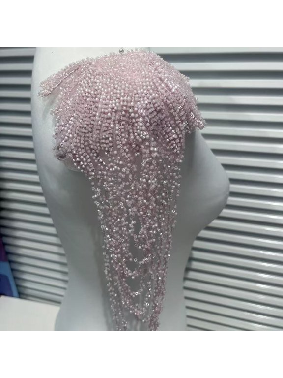 1 Pair Handmade Rhinestone Crystal Appliques, Sparkling Glass Bead Fringe Sew-On Patches for Wedding Dress, Shoulder Epaulettes, Bodice & Party Jacket Embellishments, Pink