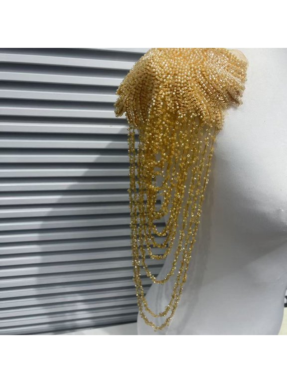 1 Pair Handmade Rhinestone Crystal Appliques, Sparkling Glass Bead Fringe Sew-On Patches for Wedding Dress, Shoulder Epaulettes, Bodice & Party Jacket Embellishments, Yellow