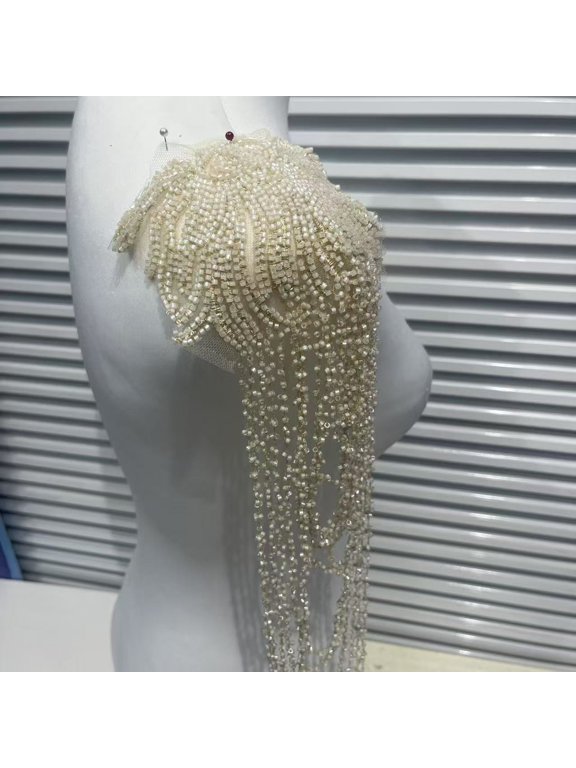 1 Pair Handmade Rhinestone Crystal Appliques, Sparkling Glass Bead Fringe Sew-On Patches for Wedding Dress, Shoulder Epaulettes, Bodice & Party Jacket Embellishments, Beige