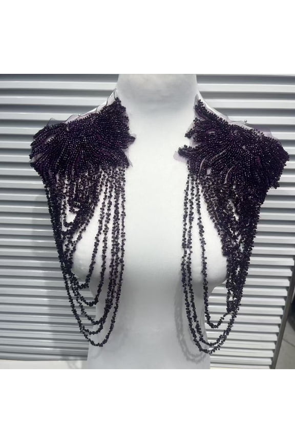 1 Pair Handmade Rhinestone Crystal Appliques, Sparkling Glass Bead Fringe Sew-On Patches for Wedding Dress, Shoulder Epaulettes, Bodice & Party Jacket Embellishments, Dark Purple