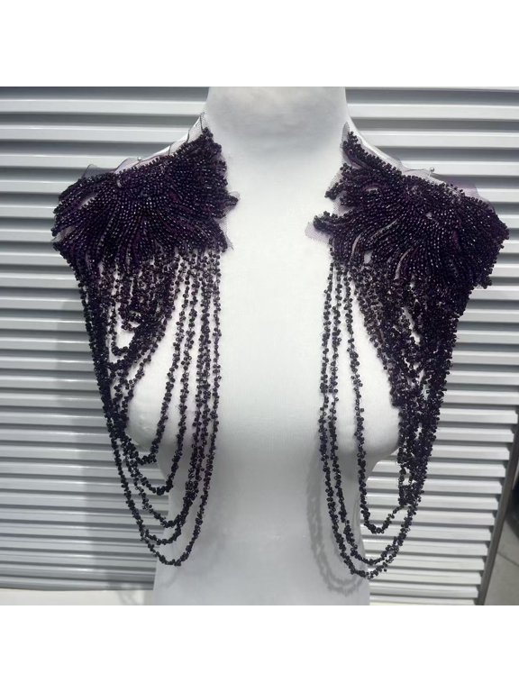 1 Pair Handmade Rhinestone Crystal Appliques, Sparkling Glass Bead Fringe Sew-On Patches for Wedding Dress, Shoulder Epaulettes, Bodice & Party Jacket Embellishments, Dark Purple