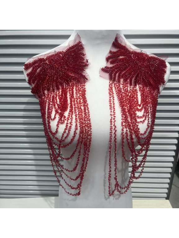 1 Pair Handmade Rhinestone Crystal Appliques, Sparkling Glass Bead Fringe Sew-On Patches for Wedding Dress, Shoulder Epaulettes, Bodice & Party Jacket Embellishments, Wine Red
