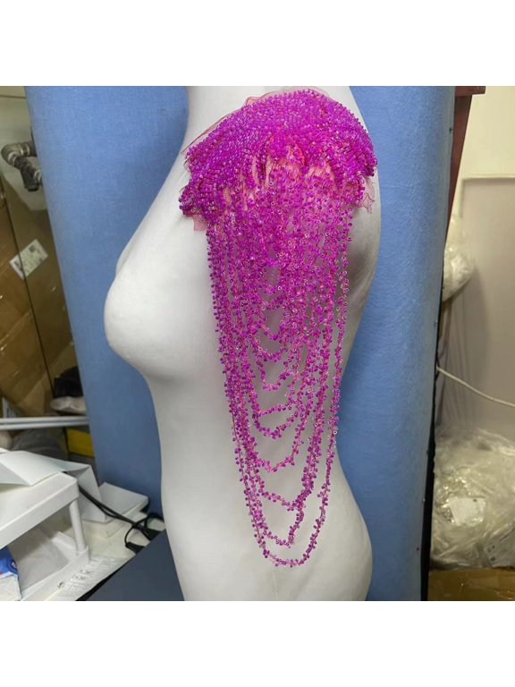 1 Pair Handmade Rhinestone Crystal Appliques, Sparkling Glass Bead Fringe Sew-On Patches for Wedding Dress, Shoulder Epaulettes, Bodice & Party Jacket Embellishments, Dark Pink