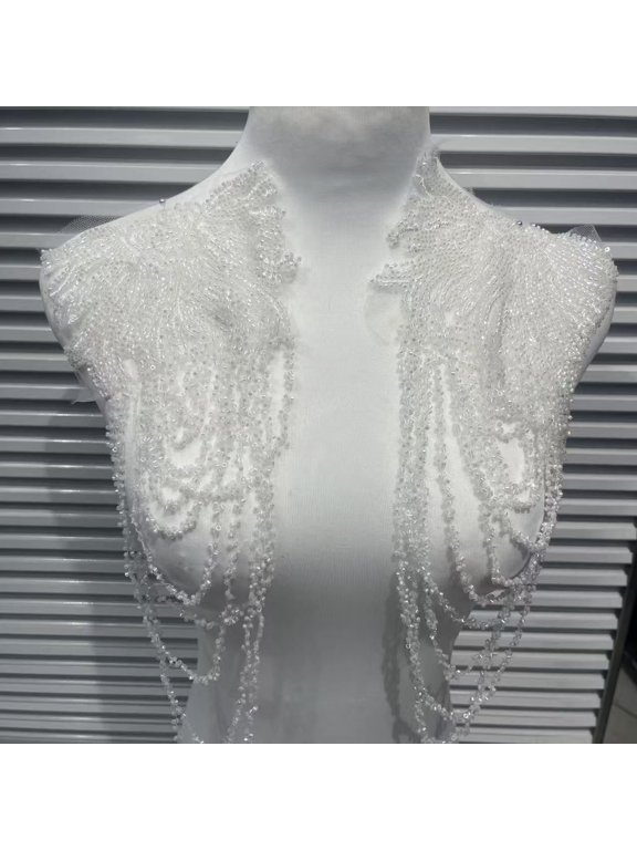 1 Pair Handmade Rhinestone Crystal Appliques, Sparkling Glass Bead Fringe Sew-On Patches for Wedding Dress, Shoulder Epaulettes, Bodice & Party Jacket Embellishments, White