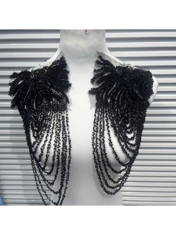 1 Pair Handmade Rhinestone Crystal Appliques, Sparkling Glass Bead Fringe Sew-On Patches for Wedding Dress, Shoulder Epaulettes, Bodice & Party Jacket Embellishments, Black