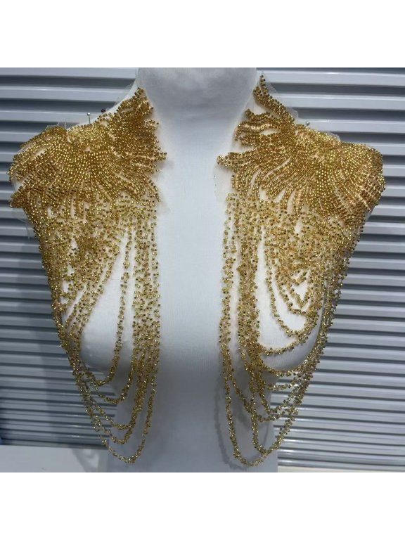 1 Pair Handmade Rhinestone Crystal Appliques, Sparkling Glass Bead Fringe Sew-On Patches for Wedding Dress, Shoulder Epaulettes, Bodice & Party Jacket Embellishments, Golden