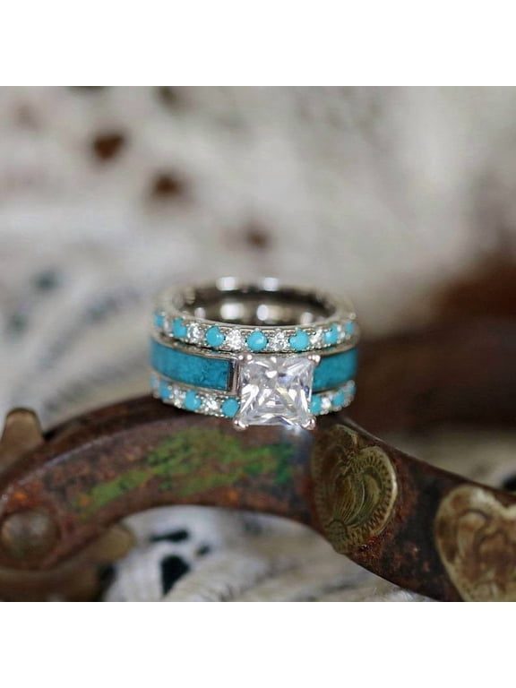 1 Piece Size 5 Vintage-Style Faux Turquoise Rhinestone Ring, Retro Engagement/Wedding Band, Artisanal Jewelry with Antique Charm