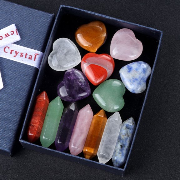 Zhuge 1 piece natural crystal stone raw stone polished heart seven vein stone double pointed hexagonal column color gift box set