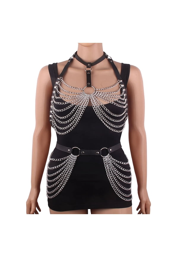 1 set Edgy Punk Leather Body Chain, Adjustable Statement Jewelry for Rave, Festival & Club Party Wear,Chest chain+waist chain,L04