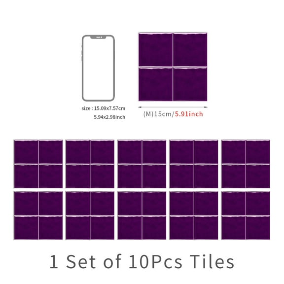 Zhuge 10 Pieces Ceramic Tile Wall Stickers, Thickened Crystal Film Waterproof Anti-Fouling Square Self-Adhesive Decals for Kitchen Bathroom Home Decor, Dark Purple