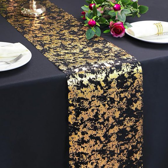 Zhuge 11"x108" Glitter Metallic Table Runner, Thin Mesh Sparkle Roll for Wedding, Bridal Shower & Holiday Party Decor, Black Golden