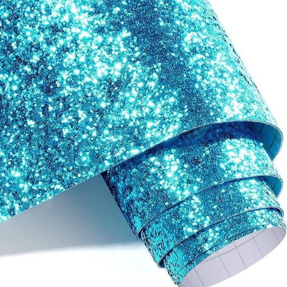 Zhuge 118.1" x 3.9" Self-Adhesive Silver Chunky Glitter Wallpaper Roll, Sparkling Sequin Embellished Wall Covering for Interior Wall Decoration, Light Blue