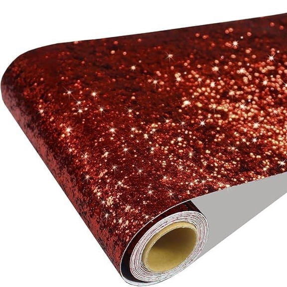 Zhuge 118.1" x 3.9" Self-Adhesive Silver Chunky Glitter Wallpaper Roll, Sparkling Sequin Embellished Wall Covering for Interior Wall Decoration, Red