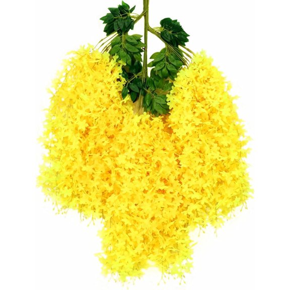 Zhuge 12 pcs Artificial Fake Wisteria Vine Ratta Hanging Garland Silk Flowers String Home Party Wedding Decor (Yellow)