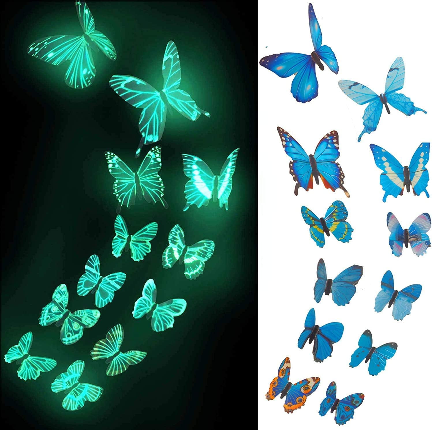 Zhuge 12PCS 3D Butterfly Decals, Glow in The Dark Butterfly Stickers for Ceiling or Wall Decals, Removable Refrigerator Magnets Stickers Decor for Kids Room Decoration Home and Bedroom Art Mural Blue