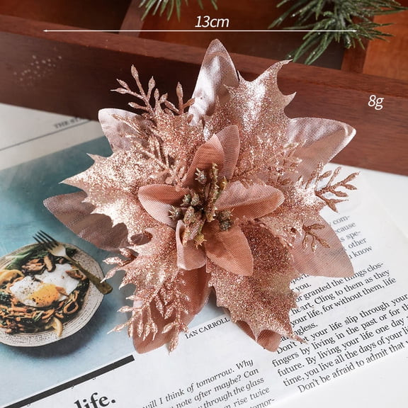 Zhuge 12Pcs Poinsettias Artificial Christmas Flowers Glitter Christmas Flowers with Clips and Steams for Christmas Tree Decorations Home Party Christmas DecorRose Gold