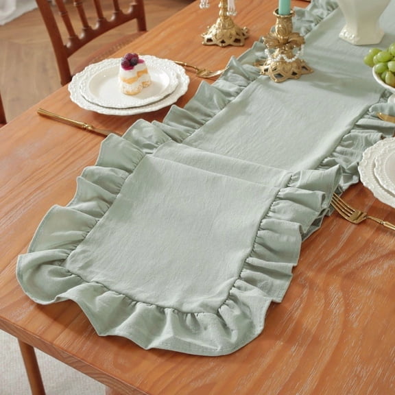Zhuge 13.8" x 118.1" Light Green Ruffle Edge Cotton Table Runner, Farmhouse Rustic Table Decor for Parties, Birthdays & Holiday Gatherings