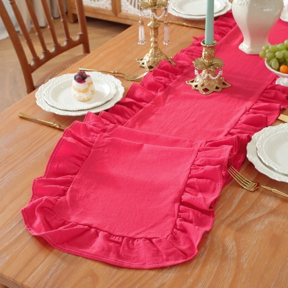 Zhuge 13.8" x 118.1" Red Ruffle Edge Cotton Table Runner, Farmhouse Rustic Table Decor for Parties, Birthdays & Holiday Gatherings