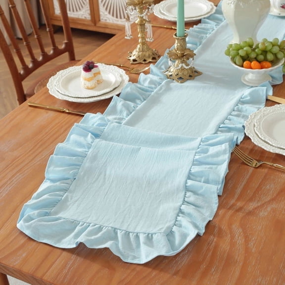 Zhuge 13.8" x 78.7" Light Blue Ruffle Edge Cotton Table Runner, Farmhouse Rustic Table Decor for Parties, Birthdays & Holiday Gatherings