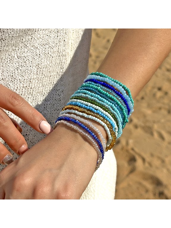 16 Piece Blue Seed Bead Bracelet Set, Stackable Elastic Beaded Bracelets, Adjustable Fit for Summer Beach Travel and Daily Casual Wear