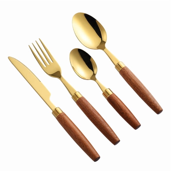 Zhuge 16 Pieces Stainless Steel Cutlery Set Short Wood Handle Flatware Set Knife Fork Spoon Service for 4-Gold