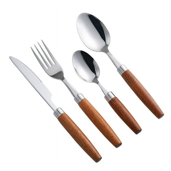 Zhuge 16 Pieces Stainless Steel Cutlery Set Short Wood Handle Flatware Set Knife Fork Spoon Service for 4-Silver