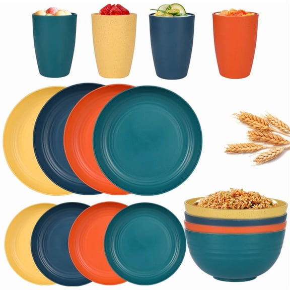 Zhuge 16pcs Wheat Straw Dinnerware Set,Plates and Bowls Set,Camping Dish Set for 4, Plastic Dinnerware Set,Dishwasher Safe Dinnerware Set,Multicolour B