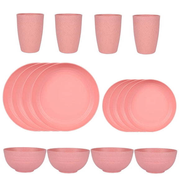 Zhuge 16pcs Wheat Straw Dinnerware Set,Plates and Bowls Set,Camping Dish Set for 4, Plastic Dinnerware Set,Dishwasher Safe Dinnerware Set,Pink