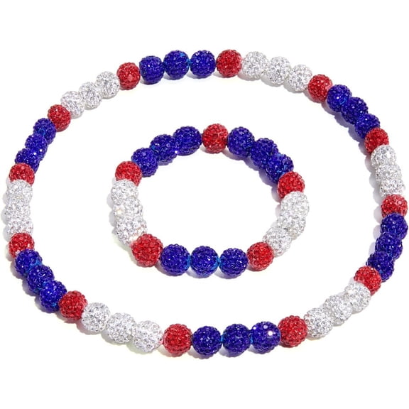 Zhuge 18 Inch Bling Rhinestone Baseball Jewelry Set, Beaded Drip Style Necklace and Bracelet Combo for Men and Women, Red/ Dark Blue/White
