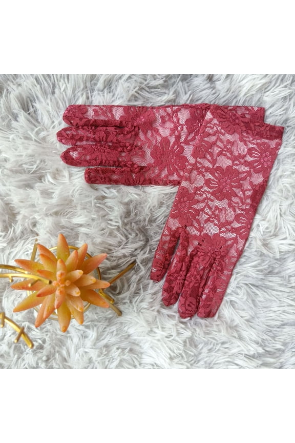 2 PCS Lace Gloves Short Lace Gloves Floral Lace Gloves for Wedding Tea Party Outfits (Claret)