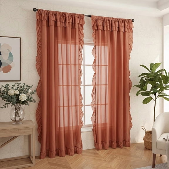 Zhuge 2‑Pack Dark Orange Ruffled‑Edge Window Drapery Panels, 86.61x55.12in Semi‑Sheer Window Treatment, Rustic Farmhouse Cottage‑Style Curtains for Bedroom Interiors