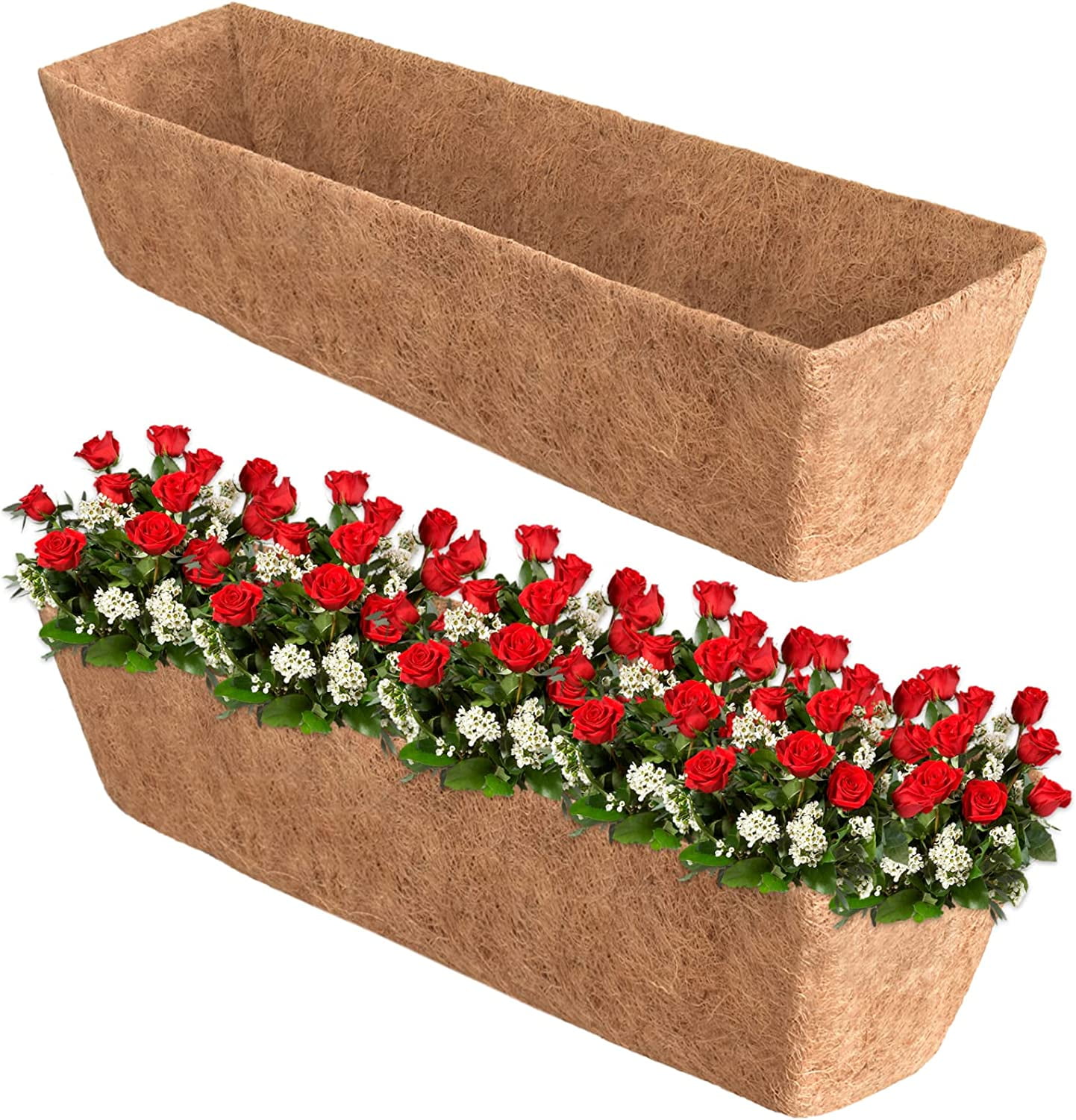Zhuge 2 Pcs 24" Trough Coco Fiber Replacement Liner, Pre-Formed Window Basket Coco Liner, Natural Coconut Coir Planter for Wall Hanging Basket, Window Box, Flower Pot, Fence, Railing