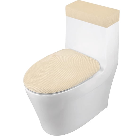 Zhuge 2-Piece Stretch Toilet Cover Set, Jacquard Polyester Spandex Toilet Lid & Tank Cover, Elastic Bottom Machine Washable Bathroom Protector Decor, Beige