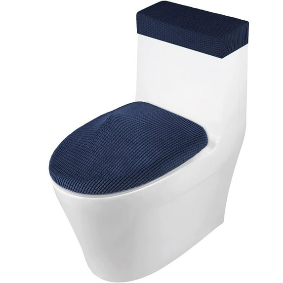 Zhuge 2-Piece Stretch Toilet Cover Set, Jacquard Polyester Spandex Toilet Lid & Tank Cover, Elastic Bottom Machine Washable Bathroom Protector Decor, Dark blue