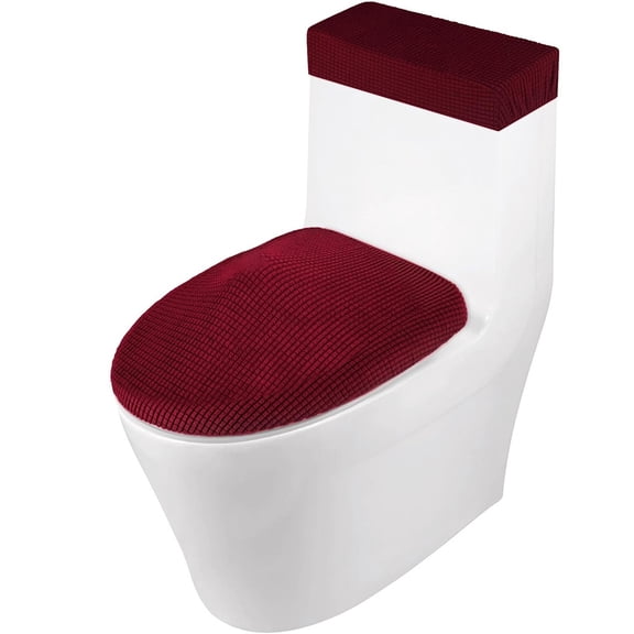 Zhuge 2-Piece Stretch Toilet Cover Set, Jacquard Polyester Spandex Toilet Lid & Tank Cover, Elastic Bottom Machine Washable Bathroom Protector Decor, wine red