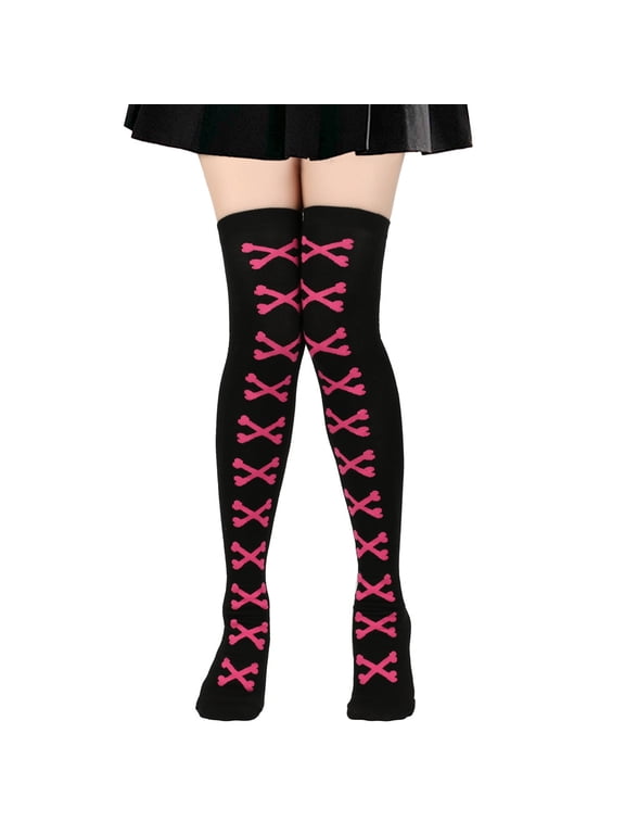 2 pairs Halloween Over Knee Long Stockings, Cosplay Festival Costume Socks with Festive Style Black and Rose bone