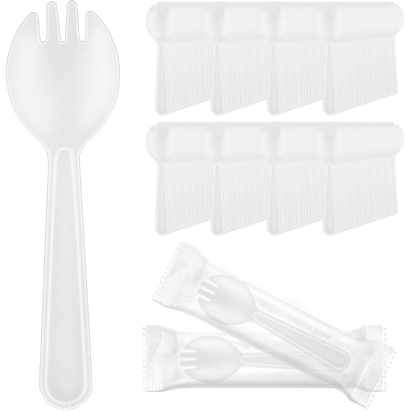 Zhuge 200pcs Disposable Sporks, Heavy Duty Disposable Utensils Silverware Set Individually Wrapped Fork Spoon for Party Wedding Birthday Gathering-Transparent