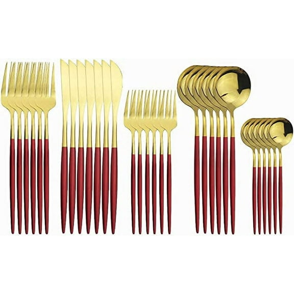 Zhuge 24-Piece Silverware Set - Stainless Steel Reusable Utensils Forks Spoons Knives Set, Mirror Polished Cutlery Flatware Set, Great for Family Gatherings & Daily Use (6 set, Red Gold)