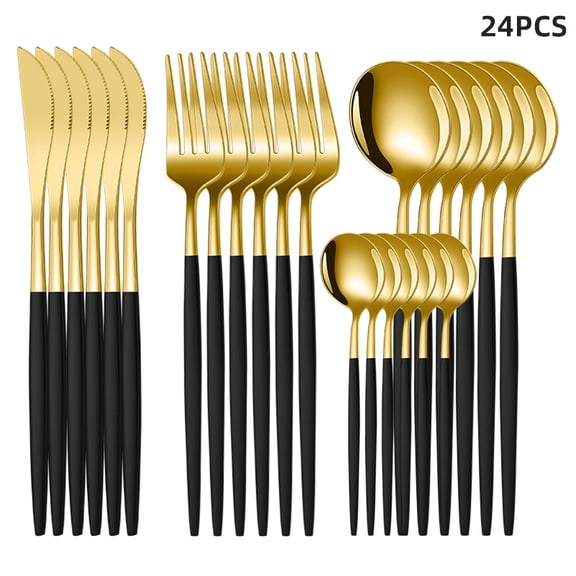 Zhuge 24 Pieces Black-Gold Stainless Steel Flatware Set, Durable Tableware Service for 6 Persons Daily Household Dining Use